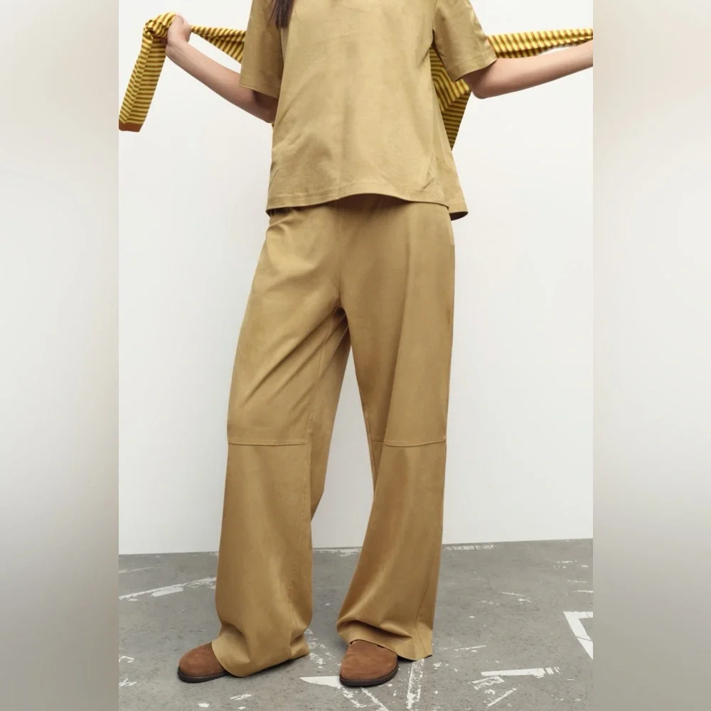 Zara NWT 2 piece matching SET tan faux suede tee shirt & wide leg pants